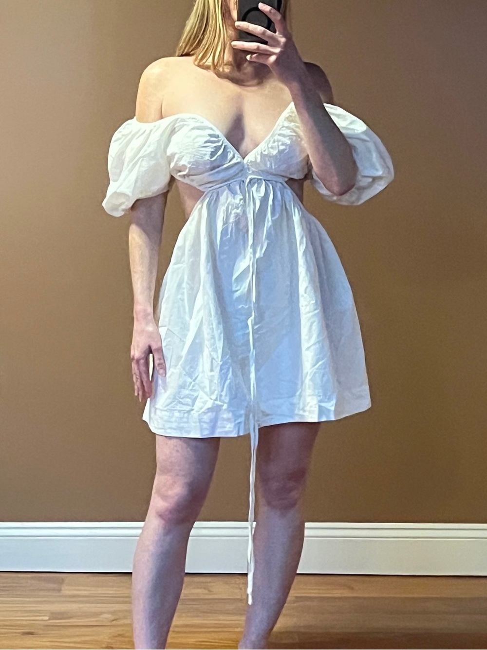 White Off-Shoulder Mini Dress with Puff Sleeves and Tie Waist